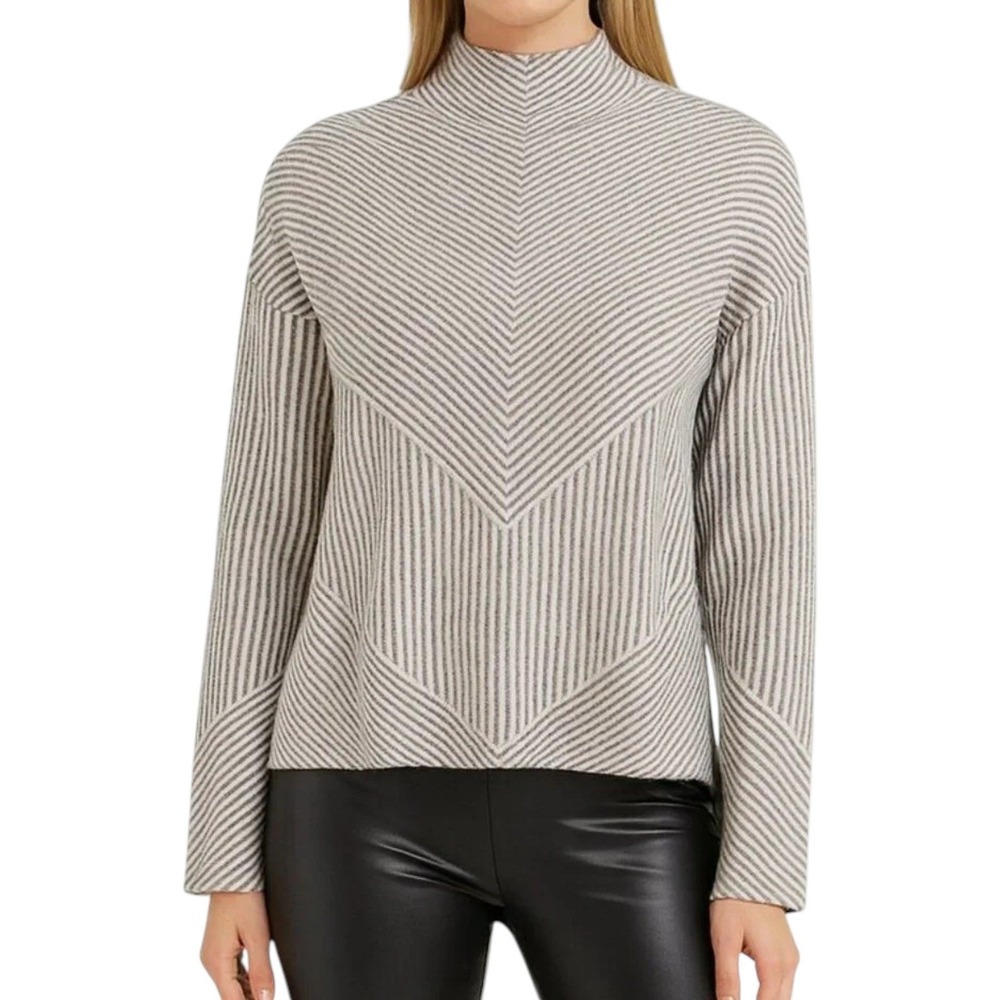 Cynthia Rowley Mock Neck Sweater Womens Large Tan Cream Chevron Striped Knit NEW